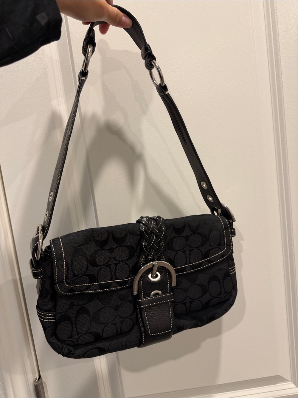 Coach Black Signature Logo Shoulder Bag with Braided Accent
